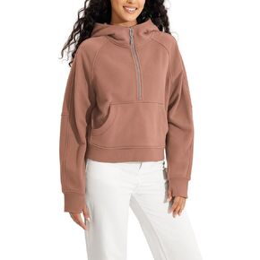 ODODOS Half-Zip Hoodies for Women Fleece Lined Cropped Sweatshirts Pullover Long Sleeve Sweater Thumb Hole