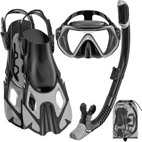 Snorkeling Gear for Adults, Mask Fin Snorkel Set, Dry Top Snorkel, Snorkeling Kit Travel Diving Package, Panoramic View Anti-Fog Anti-Leak Adjustable Swim Fins (L/XL)
