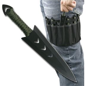 Perfect Point Throwing Knives – Set of 6 – Black Stainless Steel Blades, Green Cord Wrapped Handles, Nylon Sheath, Full Tang Construction, Well Balanced, Throwing Sport Knives – RC-040-6