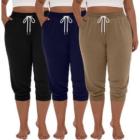 Neer 3 Pack Women's Plus Size Capris, Cotton Lounge Capri Pants Cropped Casual Sweatpants Drawstring Pants with Pockets