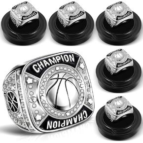 Remuuly 6 Pcs Basketball Champion Rings Basketball Champion Trophy Rings Award Gift Prize with Display Neck Chain and Stand for Basketball Tournament or Champion Winner