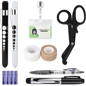 BOVKE 12 Pcs Nurse Tools Set, Medical Supplies Nurse Accessories for Work Includes Medical Scissors, 2 Penlights with Batteries, Bandage Wraps, Name Card Holder Nursing School Essentials, Blue