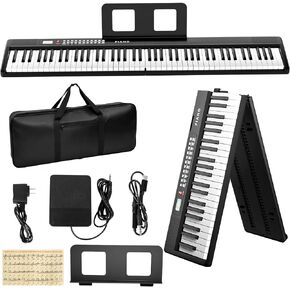Electronic Piano keyboard,Foldable Full Size 88 Key Digital Pianos with Power Adapter,Pedal,Sheet Music Stand,Sticker,Bag,for Beginners,Black