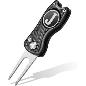 Golf Divot Repair Tool with Letter Monogrammed Initial Golf Ball Marker Foldable Metal Tool with Magnetic Putt Alignment Golf Accessories Golfer Valentine's Day Gifts for Men