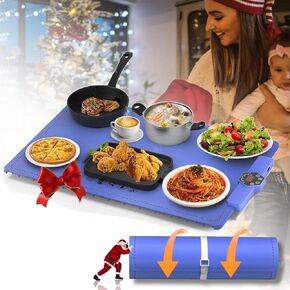 CJC Food Warming Mat-Foldable Food Warming Mat-Portable Electric Warming Tray,Premium Silicone Nano-Material,5s Rapid Heating | 9mm Anti-Scald Upgrade | 24H Heating by Appointment,with 2M Cable（Blue）
