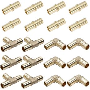 1/2 Inch Brass PEX Fittings 20-Pack, 8pcs Straight Coupler, 6pcs Elbow and 6pcs TEE Crimp, PEX Brass Crimp Fitting Combo, No-Lead Brass for PEX Pipe Plumbing Projects by MISPIRE