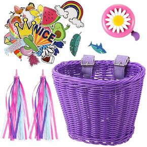 Kid Bicycle Basket Small Wicker Basket Bike Streamers for Girls with 2 Pieces Bell and 30 Pieces Stickers, Bicycle Decoration Accessories for Boys and Girls