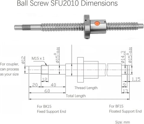 برغي كروي بحركة خطية 1610 مع صامولة مضادة لرد الفعل العكسي، Coavoo SFU1610 1016 مم / 40 بوصة 16 مم مع آلة نهاية قياسية لـ BK12 BF12 in Kuwait