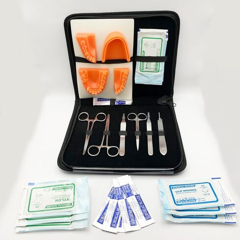 Educational Training Kit with Dental Suture Pad 3D Model - Stainless Steel Instruments Set with Iris Scissors, Needle Holder, Forceps, Scalpel Handle & Blades | Ideal for Dental Students & Dentists in Saudi Arabia