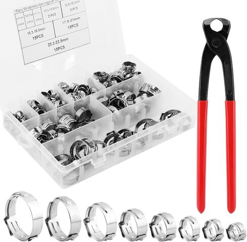 مجموعة متنوعة من 150 قطعة من مشبك التثبيت مع كماشة مكشكشة بمشبك الأذن مقاس 9 بوصة، 8 مقاسات 6-23.5 مم حلقات ربط خرطوم المشابك، مجموعة أدوات تجعيد قرصة مناسبة لتوصيل الأنابيب in Kuwait