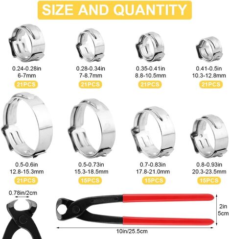 مجموعة متنوعة من 150 قطعة من مشبك التثبيت مع كماشة مكشكشة بمشبك الأذن مقاس 9 بوصة، 8 مقاسات 6-23.5 مم حلقات ربط خرطوم المشابك، مجموعة أدوات تجعيد قرصة مناسبة لتوصيل الأنابيب in Kuwait