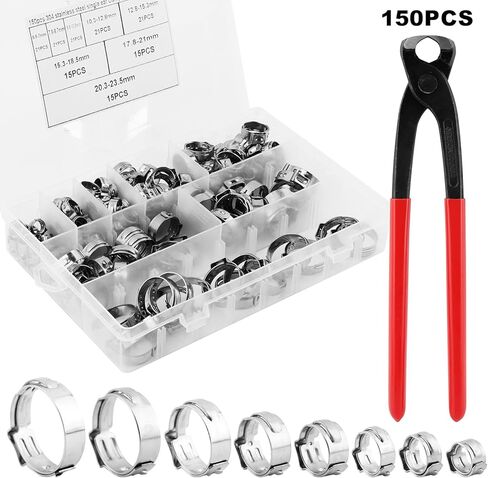 مجموعة متنوعة من 150 قطعة من مشبك التثبيت مع كماشة مكشكشة بمشبك الأذن مقاس 9 بوصة، 8 مقاسات 6-23.5 مم حلقات ربط خرطوم المشابك، مجموعة أدوات تجعيد قرصة مناسبة لتوصيل الأنابيب in Kuwait