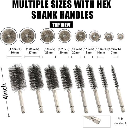 MAXMAN Stainless Steel Bore Brush, 8pcs Wire Brush for Drill, Durable Metal Bristles Twisted, 8 Size Set Multiple Diameter Options, 1/4 Inch Hex Shank, for Power Drill Impact Driver & Tube Cleaning in Kuwait