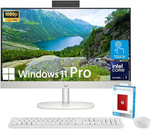 HP Newest 27" All-in-One Desktop Computer, FHD IPS Touchscreen, 12-core Intel Core Ultra 7-155U Processor, 64GB DDR5, 1TB SSD, Wi-Fi 6, HDMI, Wireless KB&Mouse, Windows 11 Home, WOWPC Bundle in Saudi Arabia
