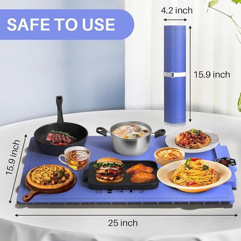CJC Food Warming Mat-Foldable Food Warming Mat-Portable Electric Warming Tray,Premium Silicone Nano-Material,5s Rapid Heating | 9mm Anti-Scald Upgrade | 24H Heating by Appointment,with 2M Cable（Blue） in Saudi Arabia
