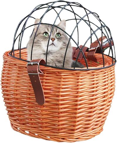 Wicker Bike Basket,for Small Dogs Cats Pet Carrier Front Basket with Wire Mesh Cover (Honey Color) in Saudi Arabia