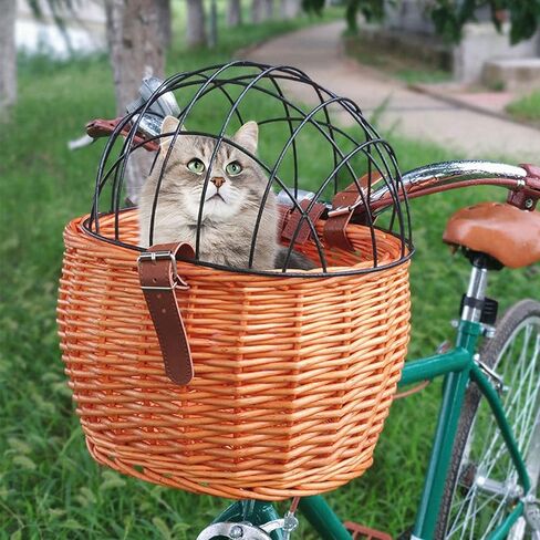 Wicker Bike Basket,for Small Dogs Cats Pet Carrier Front Basket with Wire Mesh Cover (Honey Color) in Saudi Arabia