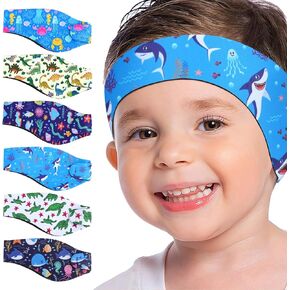 6 Pcs Swimming Headbands for Kids, Adjustable Swimming Ear Protection Bands Cute Cartoon Waterproof Swim Headbands for Boys Swimmers Age 3-15, Head Circumference 17.3-20.5 Inch
