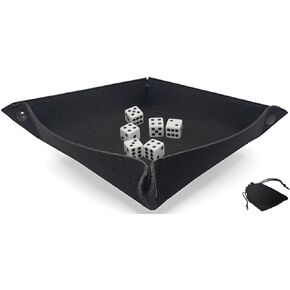 Cyber-Deals Dice Rolling Tray Portable Folding Black Felt Mat + (6) Pip Dot Dice with Velvet Pouch Bundle Set (15mm Light Ivory, Rounded)