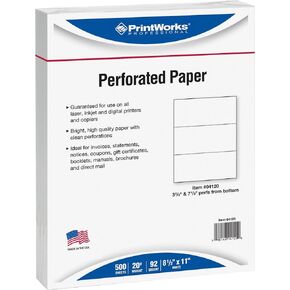 PrintWorks Professional Paper, 8.5 x 11, 20 lb, 2 Horizontal Perfs 3.66" and 7.33", 500 Sheets, White (04120)