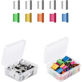 Office Supplies,Clamp Stapler,Stapler and Clip Dispenser Set,2 Reusable Creative Stapler(Black+Blue),50 Metal Paper Clamps(25 Silver+25 Colorful),1 Small Storage Bin.