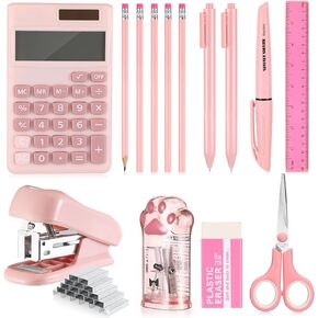 15 Pcs Back to School Supplies for Kids Cute Stationery Supplies Mini School Office Supplies Kit Includes Stapler Ruler Pencils Scissor Pencil Sharpener Pen Calculator Highlighter Eraser (Pink)