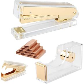 Gold Acrylic Stapler Set Desk Accessory & Decoration Kit for Gift, Clear Stapler with 1000 Pcs Staples and Staple Remover, Tape Dispenser, Gold Stapler Bundle Office Supplies Set