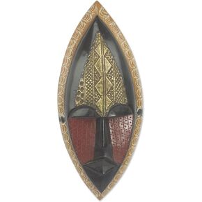 NOVICA Black and Red Sese Wood African Wall Mask with Brass Accents, A Peace Blessing'