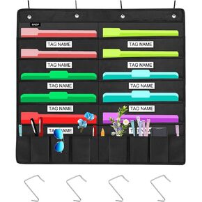 Heavy Duty 10 Pocket Door Hanging File Organizer with Name Tag Holders, Black Wall Storage Pocket Charts with 4 Hangers, Great for Classroom, School, Home or Office Use (10 Nametag Pocket)