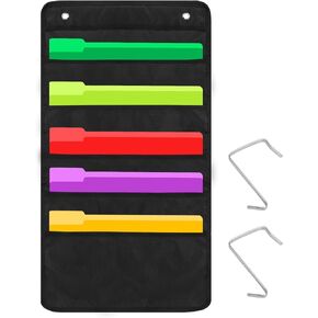 Heavy Duty 10 Pocket Door Hanging File Organizer with Name Tag Holders, Black Wall Storage Pocket Charts with 4 Hangers, Great for Classroom, School, Home or Office Use (10 Nametag Pocket)