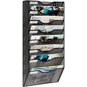 10 Pockets Wall File Holder Wall Mounted Magazine Rack Hanging File Folders Organizer for Office , Black