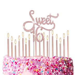 Tondiamo Sweet 16 Birthday Decorations Rhinestone Sweet 16 Cake Toppers 20 Pcs Metallic Happy Birthday Candles 16 Cake Decorations for Cupcake Decor(Gold White)