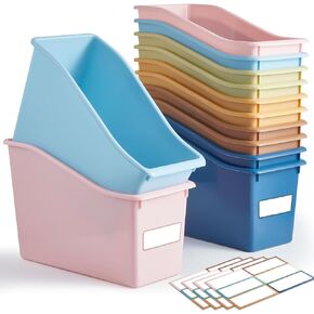12 Pcs Book Bin with 24 Pcs Labels Stackable Plastic Organizing Bins 11.5 x 5.4 x 7.5 in Book Holders for Classroom Book Box Book Baskets for Classroom Library Home, 6 Colors (Cool Colors)