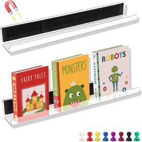 2 Pcs Magnetic Book Shelf for Whiteboard, Magnetic Acrylic Book Holder with 8Pcs Magnetic Pushpins, Transparent Magnetic Bookshelves for Home, Classroom, Office Use