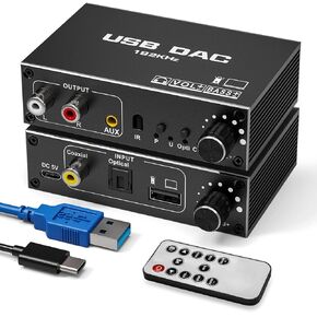 Tendak USB Audio Converter,192KHz DAC Digital to Analog Converter with Volume Control,Bass Adjustment,Remote Control,USB Optical SPDIF Coaxial to Analog Stereo RCA L/R and 3.5mm Jack Audio Adapter