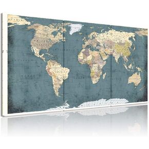 WELMECO Large 3 Pieces Vintage Blue Map of The World Canvas Prints Retro Detailed Push Pins World Travel Map Canvas Art Living Room Office Decoration (Rustic)
