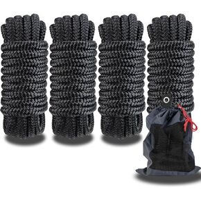 Double Braided Nylon Dock Lines Rope，3/8 Inch x 15 FT Dock Line with 12 Inch Eyelet for Mooring Boats, Black (2 Pack)