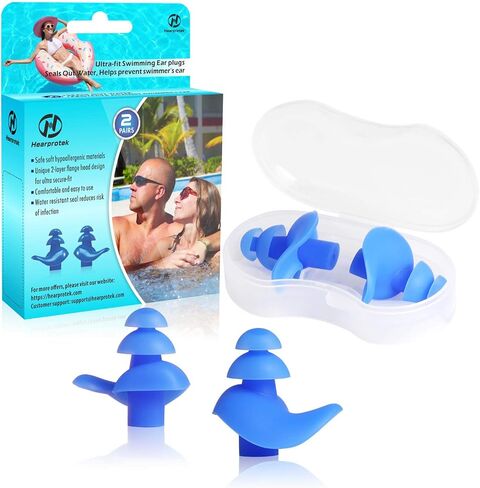 Hearprotek Upgraded Design Silicone Swimming Earplugs, 2 Pairs Waterproof Reusable Ear Plugs for Swimming Showering Bathing Surfing and Other Water Sports Adult Size(Blue) in Saudi Arabia