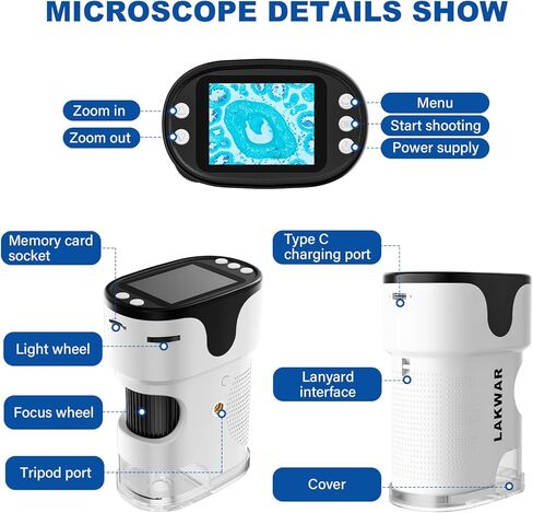 مجهر رقمي محمول من LAKWAR للأطفال والكبار، مجهر محمول بجيب 200 ~ 1000X مع مجموعة شرائح، التقاط الصور والفيديو مع شاشة HD 2 بوصة وبطاقة SD صغيرة 32 جيجا in Kuwait