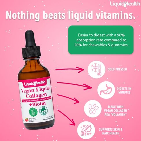 LIQUIDHEALTH 100% كولاجين نباتي بالإضافة إلى البيوتين 100.000 ميكروجرام قطرات سائلة - كولاجين سائل نباتي للنساء والرجال - نمو الشعر والأظافر، صحة البشرة، يعزز عملية التمثيل الغذائي - غير معدل وراثيًا، خالي من السكر (2 أونصة) in Saudi Arabia