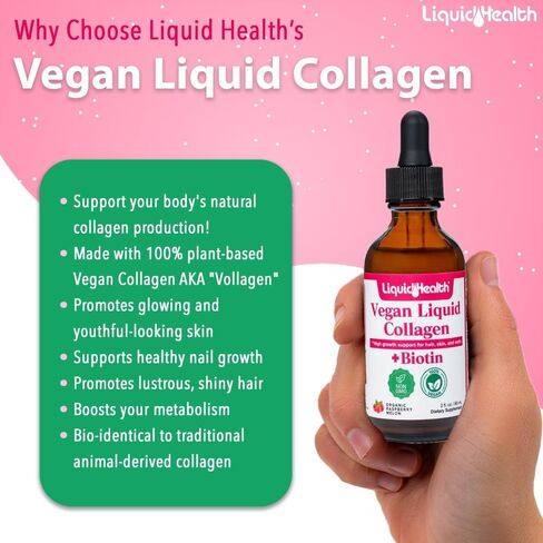 LIQUIDHEALTH 100% كولاجين نباتي بالإضافة إلى البيوتين 100.000 ميكروجرام قطرات سائلة - كولاجين سائل نباتي للنساء والرجال - نمو الشعر والأظافر، صحة البشرة، يعزز عملية التمثيل الغذائي - غير معدل وراثيًا، خالي من السكر (2 أونصة) in Saudi Arabia
