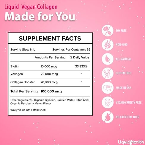 LIQUIDHEALTH 100% كولاجين نباتي بالإضافة إلى البيوتين 100.000 ميكروجرام قطرات سائلة - كولاجين سائل نباتي للنساء والرجال - نمو الشعر والأظافر، صحة البشرة، يعزز عملية التمثيل الغذائي - غير معدل وراثيًا، خالي من السكر (2 أونصة) in Saudi Arabia