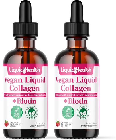 LIQUIDHEALTH 100% كولاجين نباتي بالإضافة إلى البيوتين 100.000 ميكروجرام قطرات سائلة - كولاجين سائل نباتي للنساء والرجال - نمو الشعر والأظافر، صحة البشرة، يعزز عملية التمثيل الغذائي - غير معدل وراثيًا، خالي من السكر (2 أونصة) in Saudi Arabia