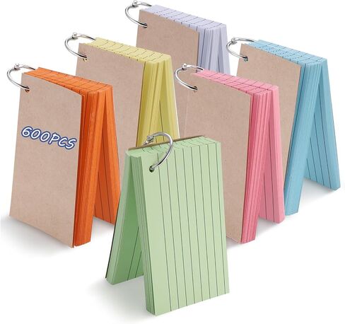 600PCS Colored Index Cards, 3x5 Inches Flash Cards with Ring, Both Sides Ruled Index Flashcards, Heavy Study Cards Lined Notecards for Home Office School Learning in Kuwait
