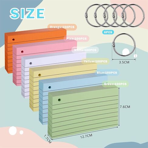 600PCS Colored Index Cards, 3x5 Inches Flash Cards with Ring, Both Sides Ruled Index Flashcards, Heavy Study Cards Lined Notecards for Home Office School Learning in Kuwait