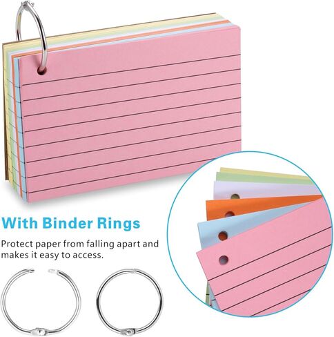 600PCS Colored Index Cards, 3x5 Inches Flash Cards with Ring, Both Sides Ruled Index Flashcards, Heavy Study Cards Lined Notecards for Home Office School Learning in Kuwait