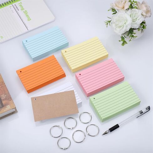600PCS Colored Index Cards, 3x5 Inches Flash Cards with Ring, Both Sides Ruled Index Flashcards, Heavy Study Cards Lined Notecards for Home Office School Learning in Kuwait