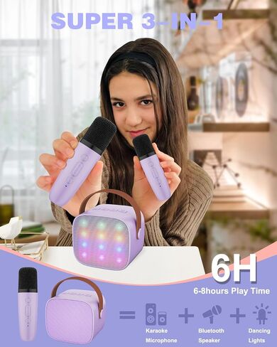 Mini Karaoke Machine with Kids Adults, Portable Bluetooth Speaker 2 Wireless Microphones, Gift for BoyToys 4, 5, 6, 7, 8, 10, 12+ Years Birthday Party (Purple) in Saudi Arabia