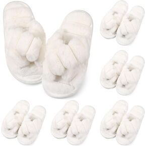 Toulite 6 Pairs Wedding Bridesmaid Slippers Women Fluffy Open Toe Slippers Fuzzy Plush House Slippers for Bridal Party