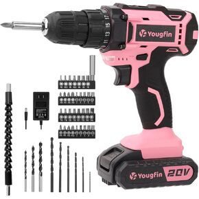YOUGFIN Power Drill Cordless Set with Battery and Charger, 20V Rechargeable Small Drill Machine for Home Use, Wireless Electric Wall Drill Driver Kit with 25+1 Torque, Variable Speed (3/8 inch)